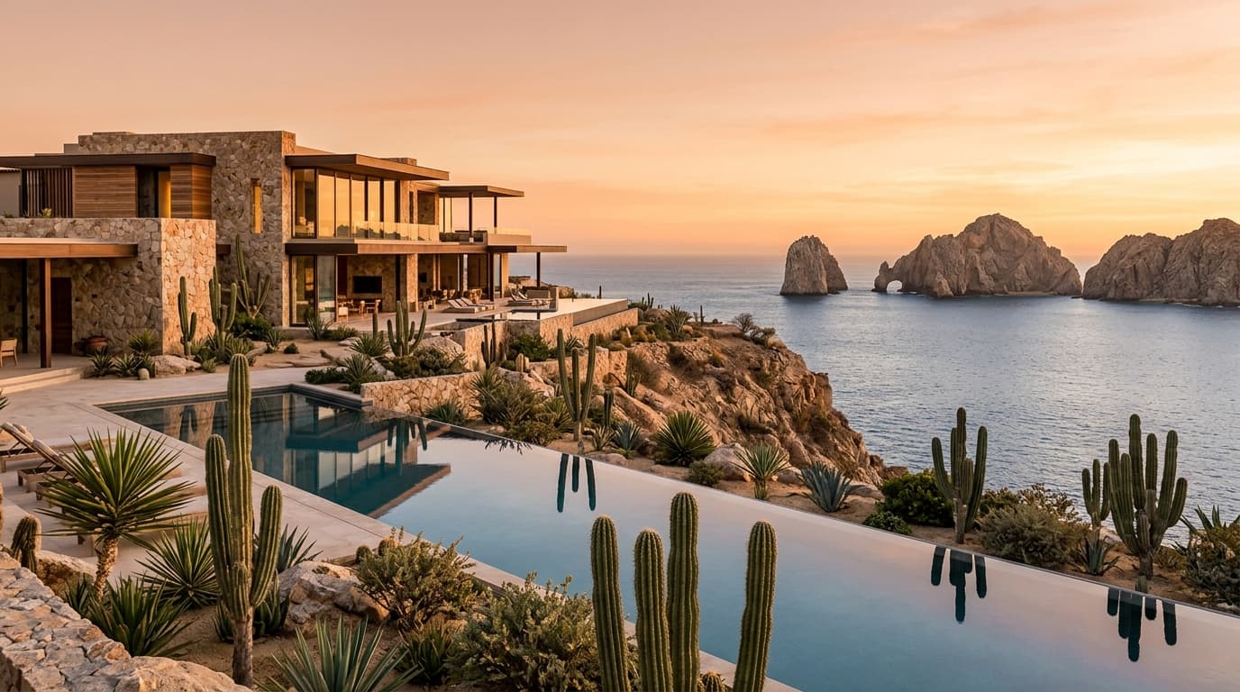 Residencia contemporánea frente al mar en Los Cabos al atardecer