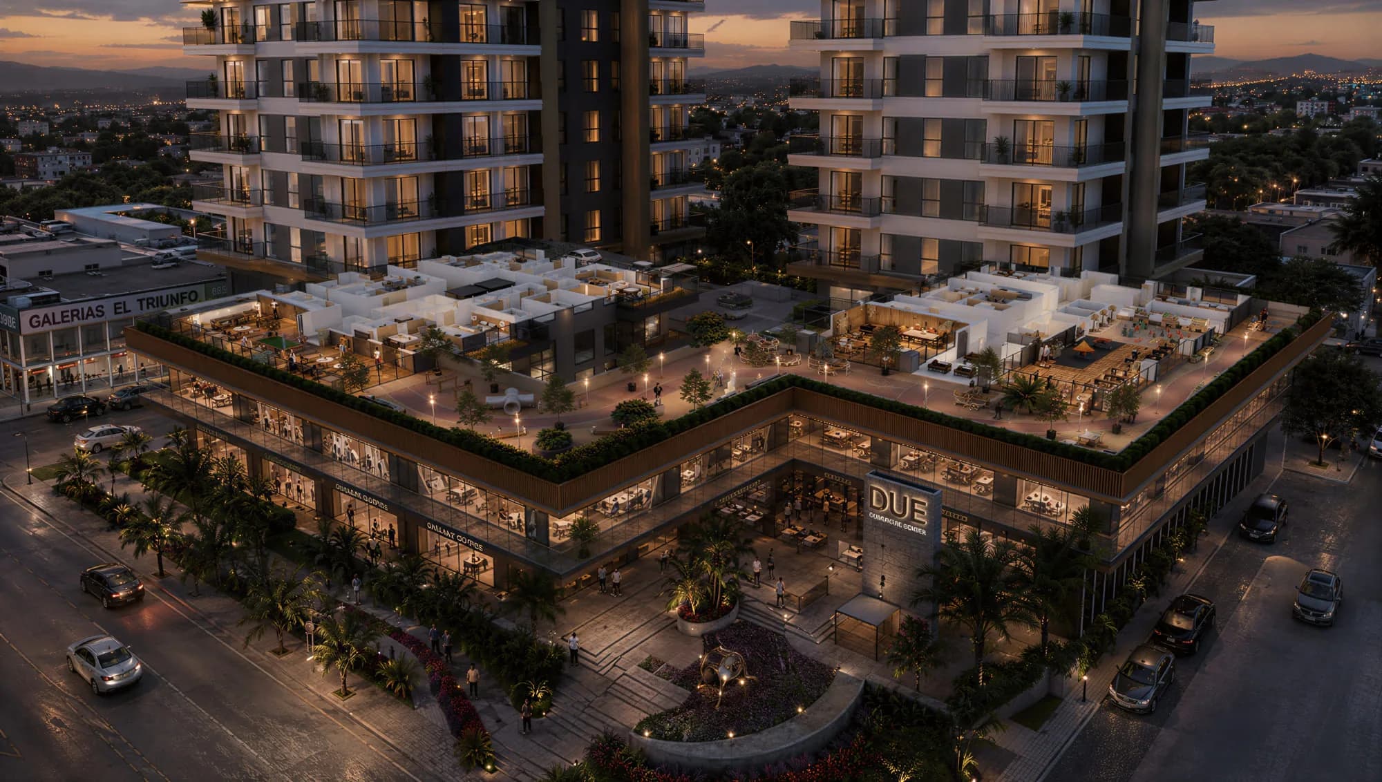 Render arquitectónico de DUE mostrando las dos torres, basamento de amenidades y área comercial